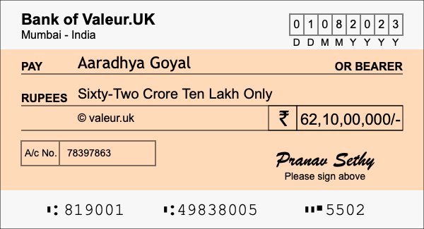 How to write a cheque for 62.1 crore rupees How to write a cheque for 62.1 crore rupees
