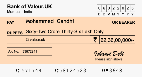 How to write a cheque for 62.36 crore rupees