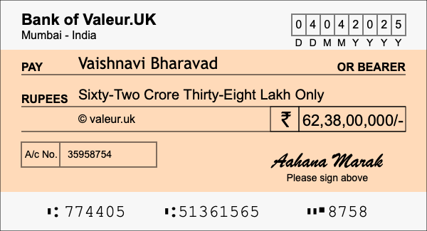 How to write a cheque for 62.38 crore rupees