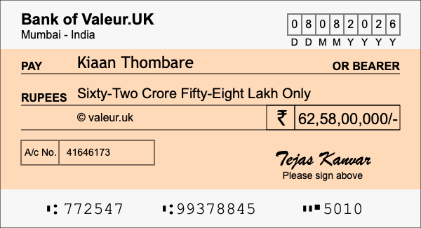 How to write a cheque for 62.58 crore rupees