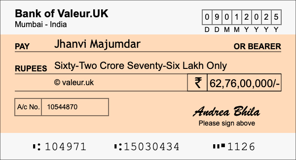 How to write a cheque for 62.76 crore rupees
