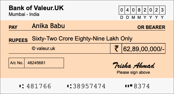 How to write a cheque for 62.89 crore rupees