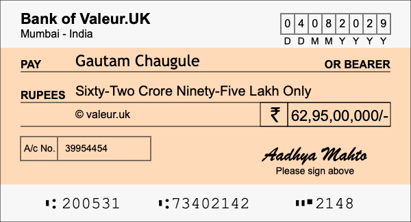 How to write a cheque for 62.95 crore rupees