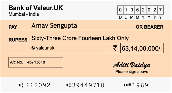 How to write a cheque for 63.14 crore rupees