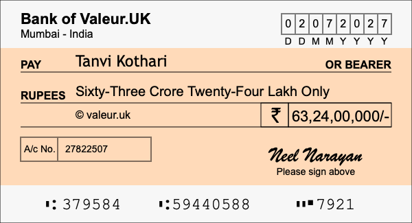 How to write a cheque for 63.24 crore rupees