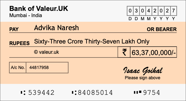 How to write a cheque for 63.37 crore rupees