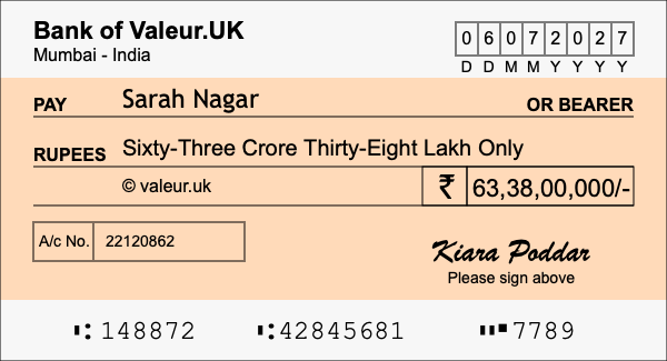 How to write a cheque for 63.38 crore rupees