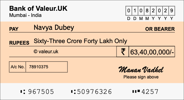 How to write a cheque for 63.4 crore rupees
