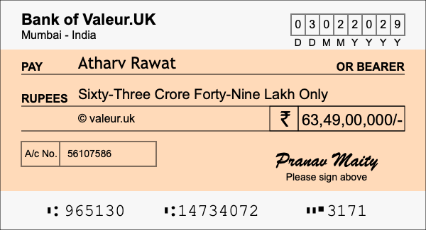 How to write a cheque for 63.49 crore rupees