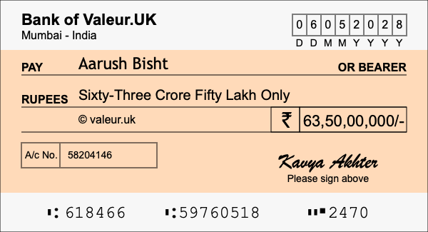 How to write a cheque for 63.5 crore rupees