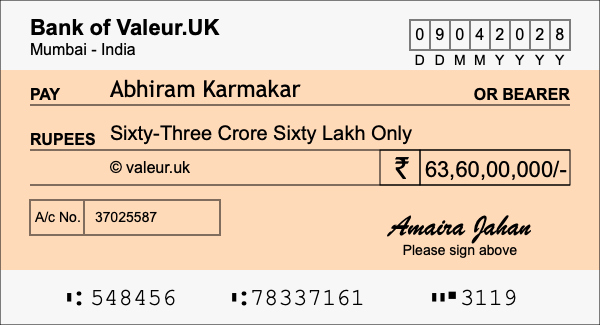 How to write a cheque for 63.6 crore rupees
