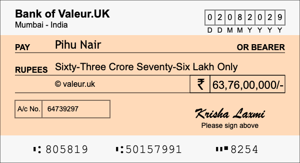 How to write a cheque for 63.76 crore rupees
