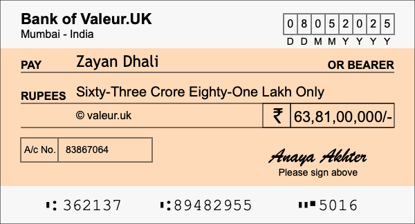 How to write a cheque for 63.81 crore rupees