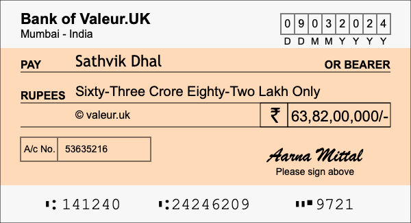 How to write a cheque for 63.82 crore rupees