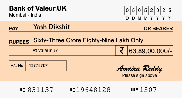 How to write a cheque for 63.89 crore rupees