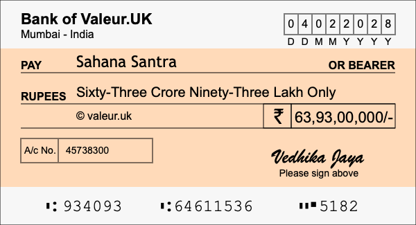 How to write a cheque for 63.93 crore rupees
