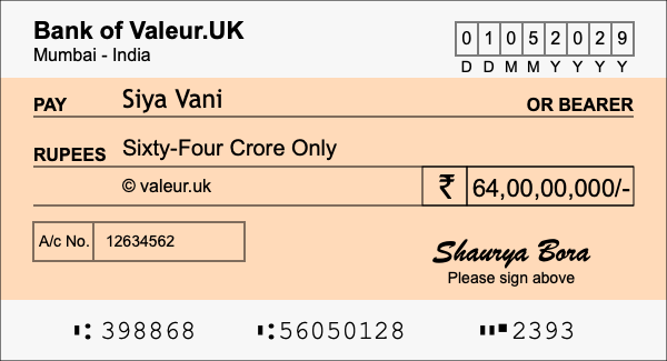 How to write a cheque for 64 crore rupees