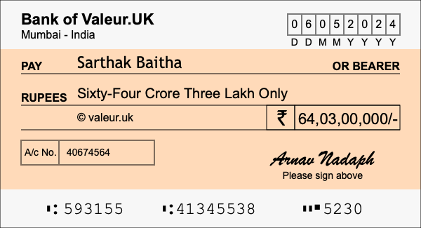 How to write a cheque for 64.03 crore rupees