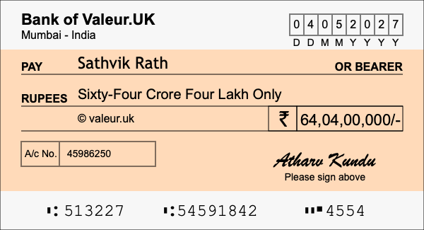 How to write a cheque for 64.04 crore rupees