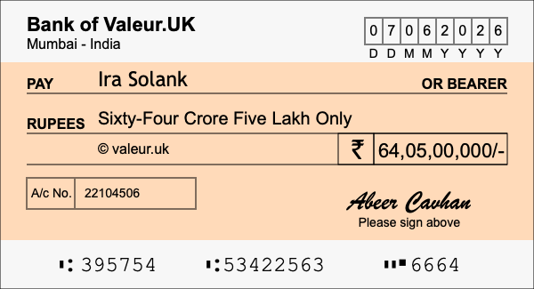 How to write a cheque for 64.05 crore rupees