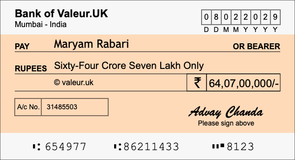 How to write a cheque for 64.07 crore rupees