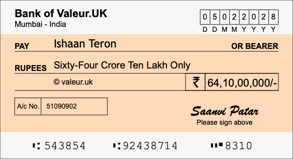 How to write a cheque for 64.1 crore rupees