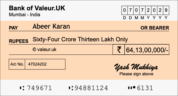 How to write a cheque for 64.13 crore rupees