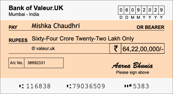How to write a cheque for 64.22 crore rupees