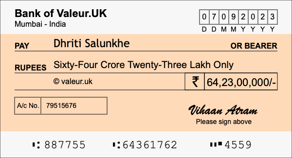 How to write a cheque for 64.23 crore rupees