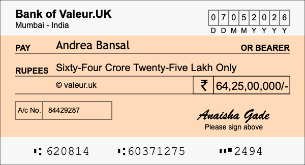 How to write a cheque for 64.25 crore rupees