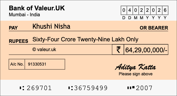 How to write a cheque for 64.29 crore rupees