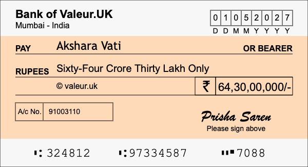 How to write a cheque for 64.3 crore rupees