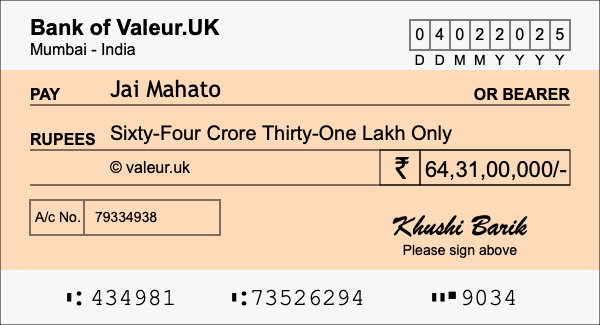 How to write a cheque for 64.31 crore rupees