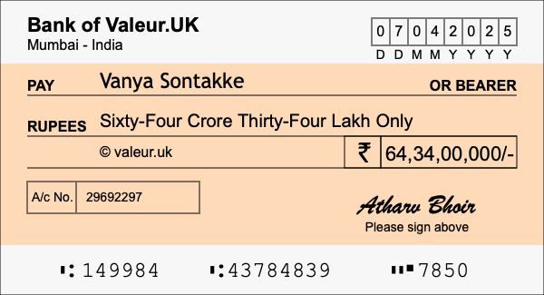 How to write a cheque for 64.34 crore rupees