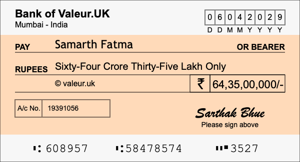 How to write a cheque for 64.35 crore rupees