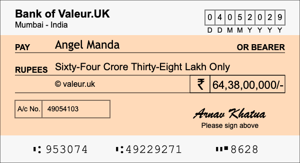 How to write a cheque for 64.38 crore rupees