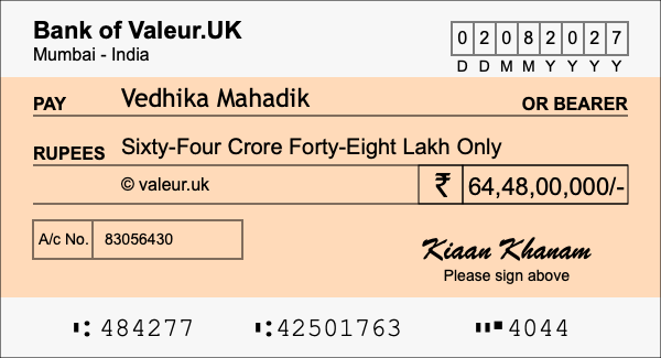 How to write a cheque for 64.48 crore rupees