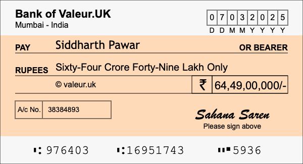 How to write a cheque for 64.49 crore rupees