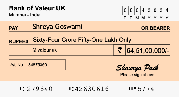 How to write a cheque for 64.51 crore rupees