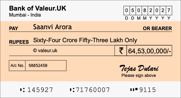 How to write a cheque for 64.53 crore rupees