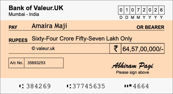 How to write a cheque for 64.57 crore rupees