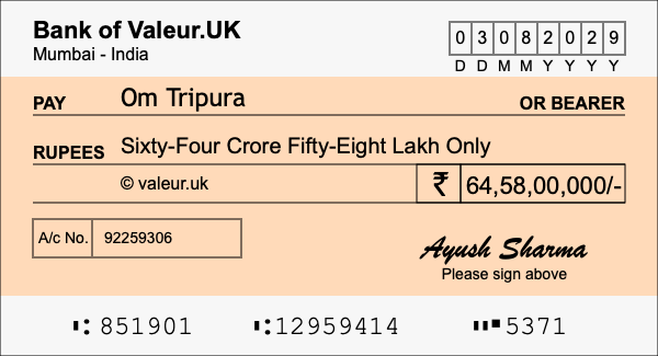 How to write a cheque for 64.58 crore rupees