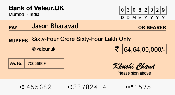 How to write a cheque for 64.64 crore rupees