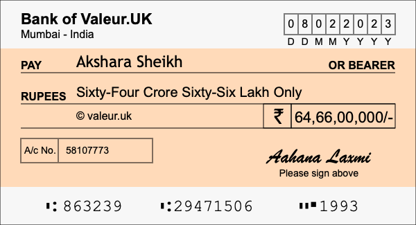 How to write a cheque for 64.66 crore rupees