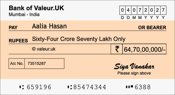 How to write a cheque for 64.7 crore rupees