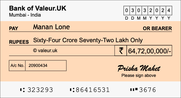 How to write a cheque for 64.72 crore rupees