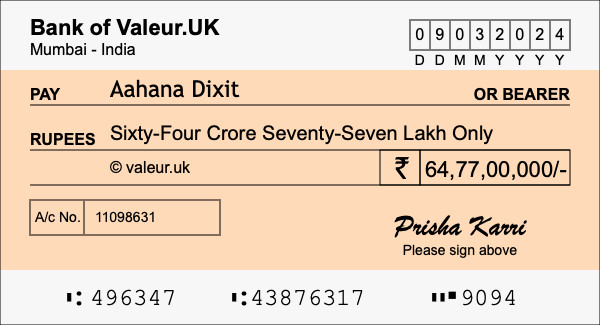 How to write a cheque for 64.77 crore rupees