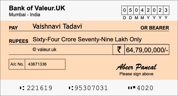How to write a cheque for 64.79 crore rupees