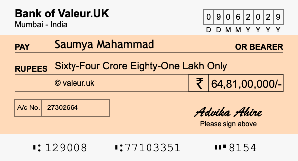 How to write a cheque for 64.81 crore rupees