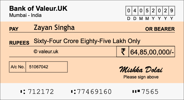How to write a cheque for 64.85 crore rupees